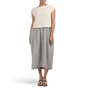 NEW MAX STUDIO LONDON Ecru/black Linen Blend Short Sleeve Twofer Maxi Dress